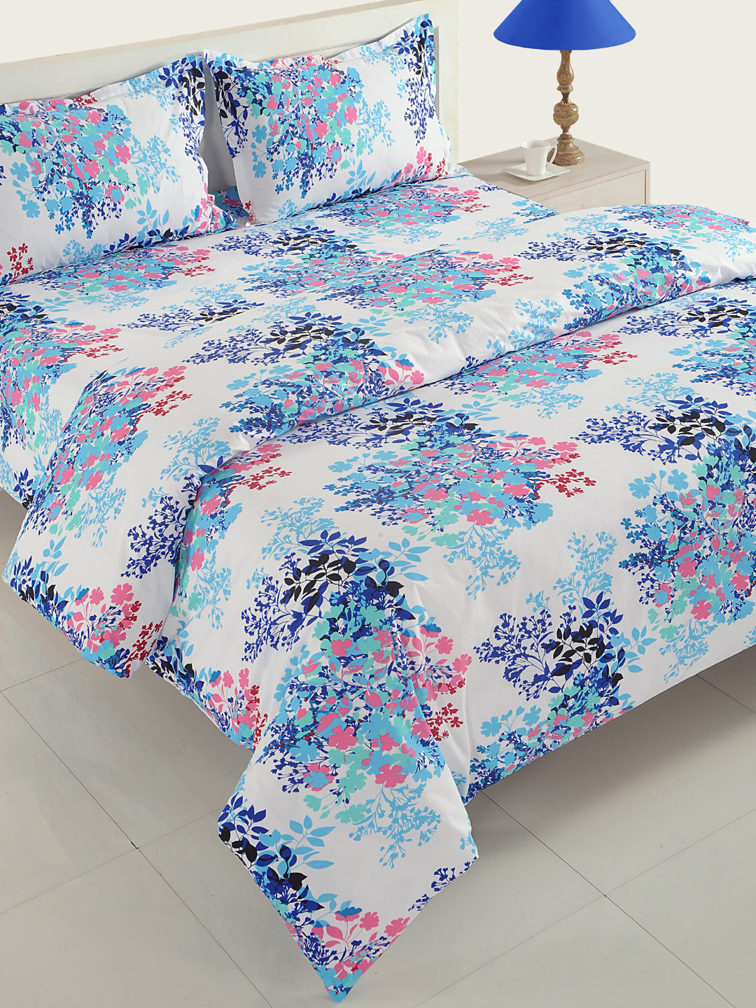 

Swayam White & Blue Cotton 160TC Printed Bedding Set