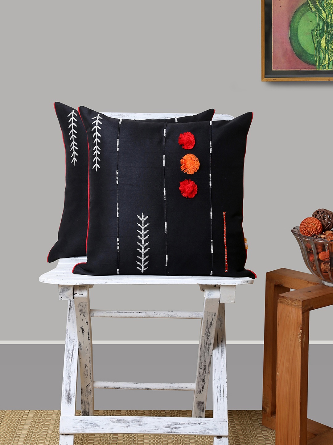 

ANS Black Set of 2 Embroidered Square Cushion Covers