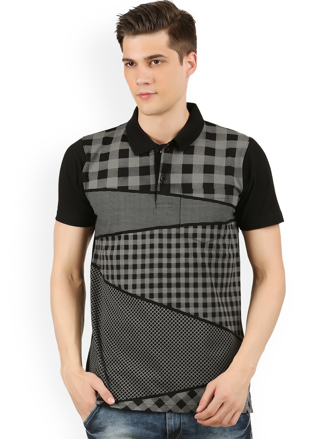 

WEXFORD Men Black Checked Polo Collar Pure Cotton T-shirt