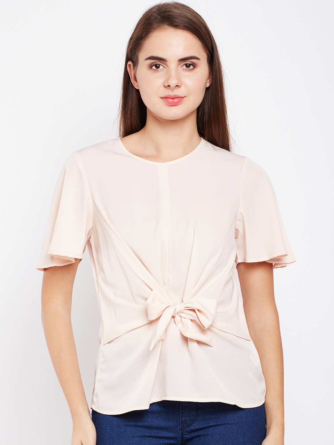 

Oxolloxo Women Pink Solid Flared Sleeves Cinched Waist Top