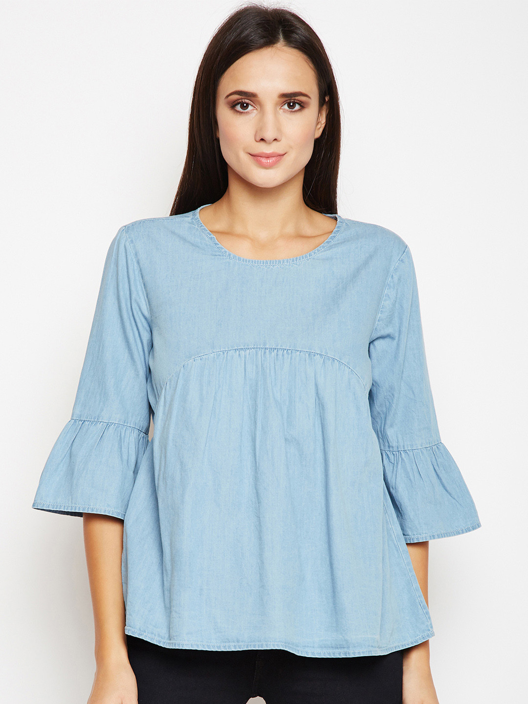 

Oxolloxo Women Blue Solid A-Line Bell Sleeves Top