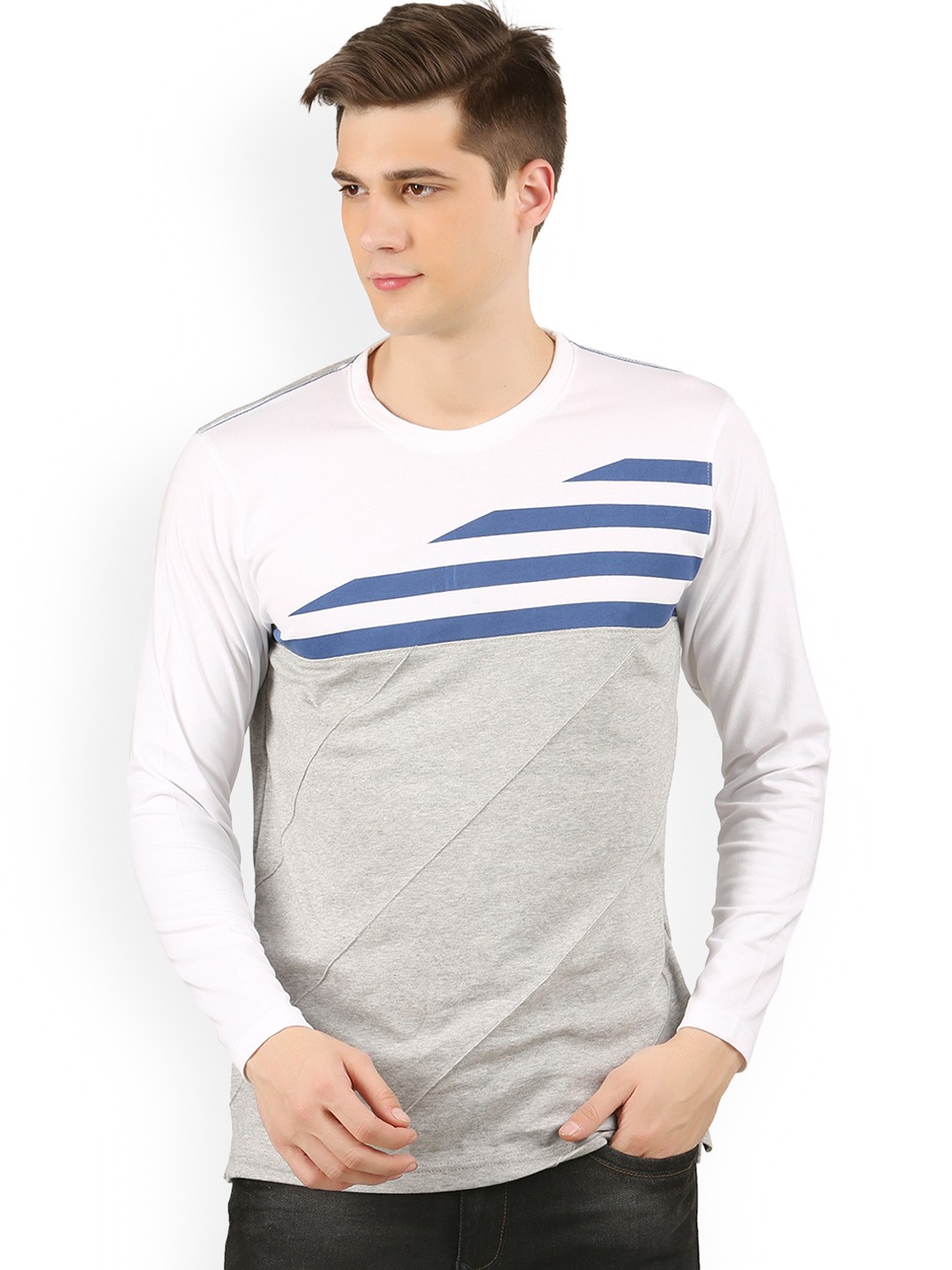 

WEXFORD Men Grey Striped Round Neck Pure Cotton T-shirt