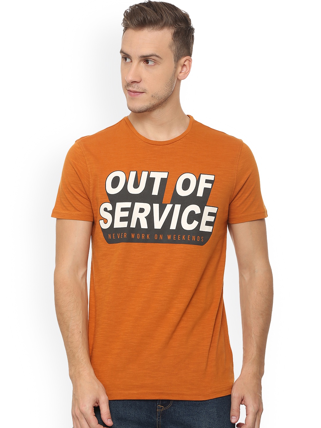 

People Men Orange Printed Round Neck Pure Cotton T-shirt