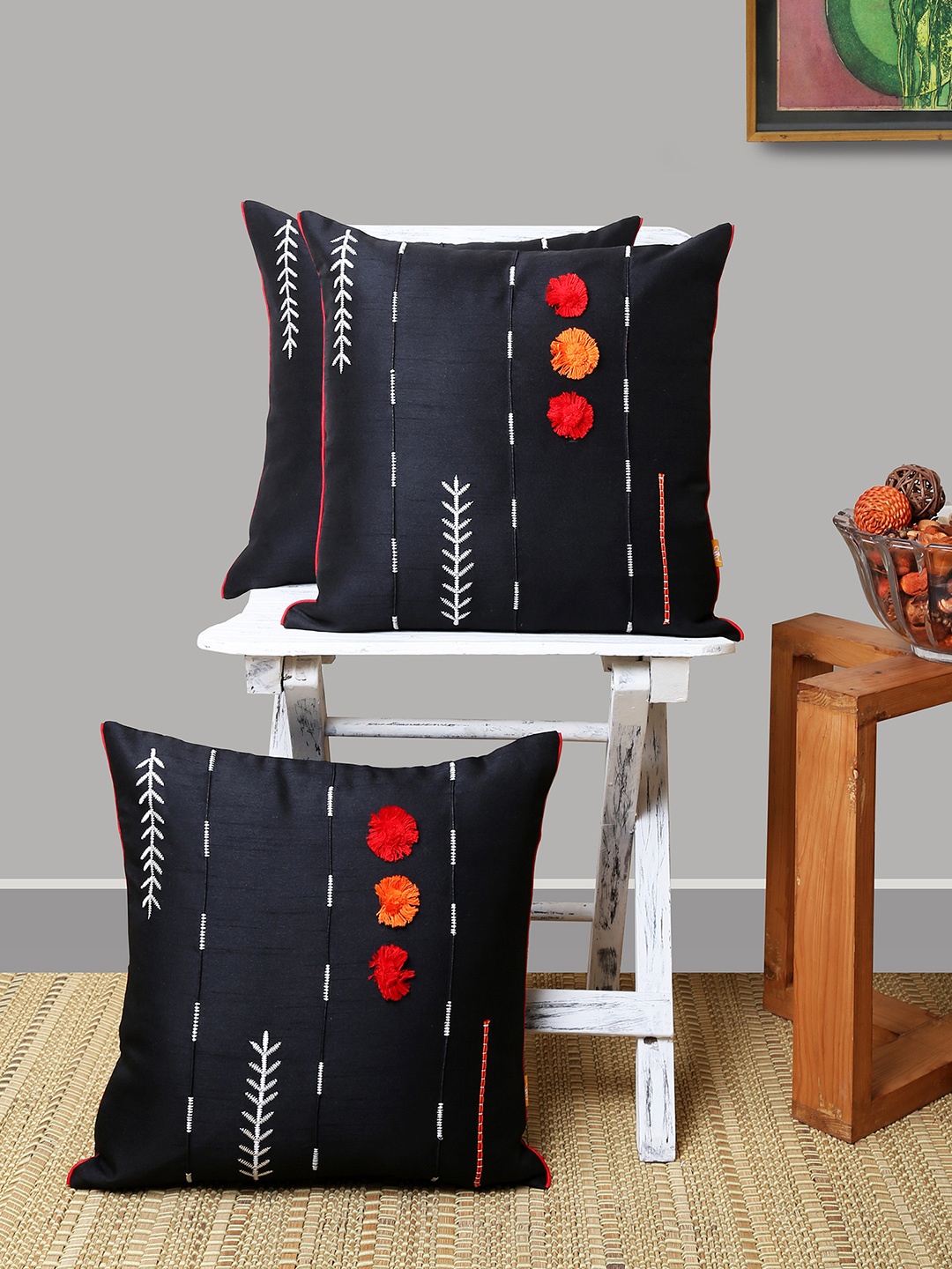 

ANS Black Set of 3 Embroidered Square Cushion Covers