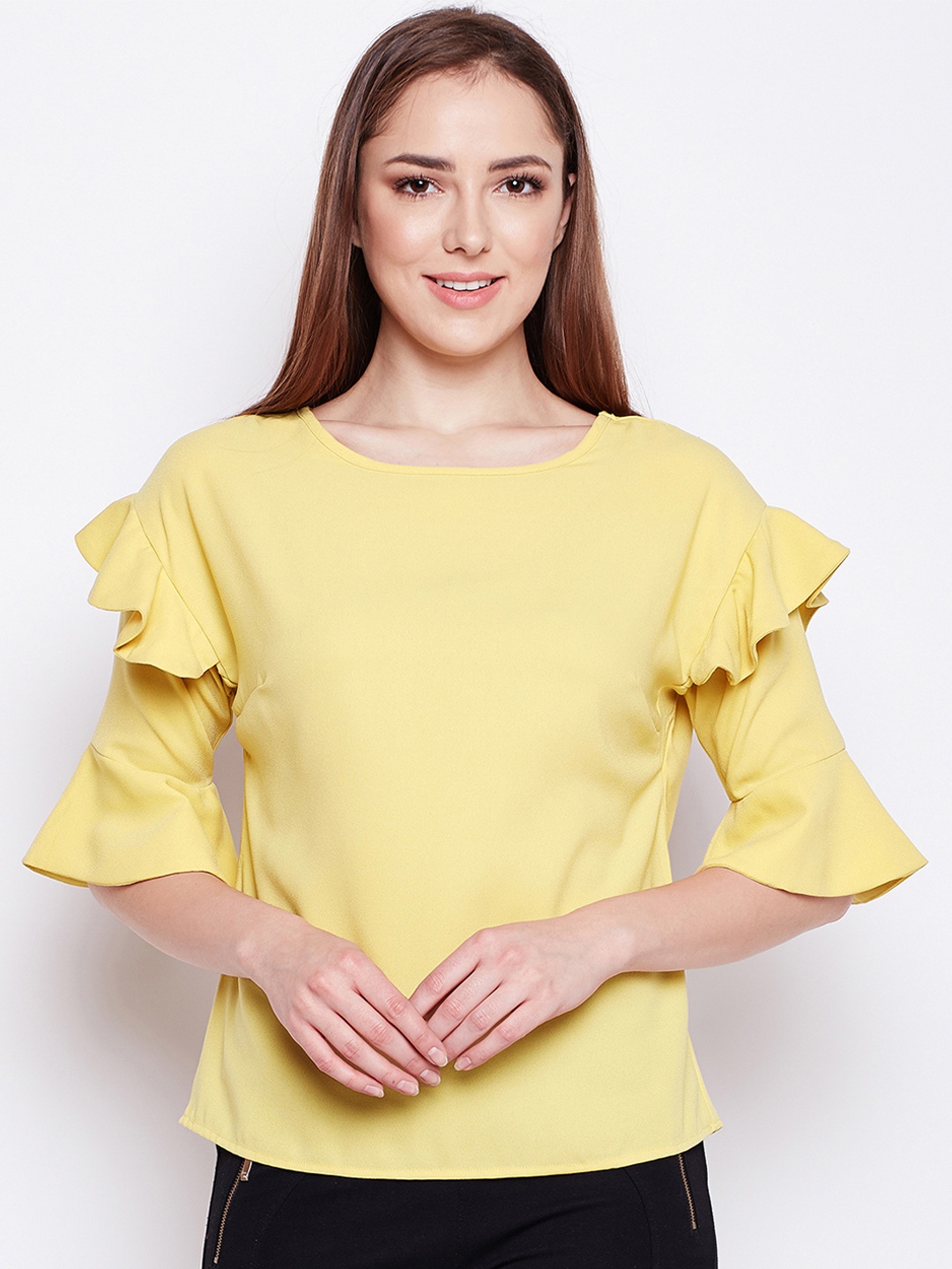 

Oxolloxo Women Yellow Solid Bell Sleeves Top