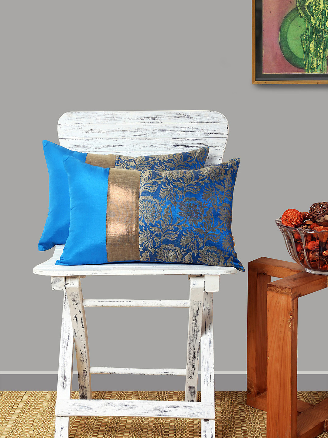 

ANS Turquoise Blue Set of 2 Floral Rectangle Cushion Covers