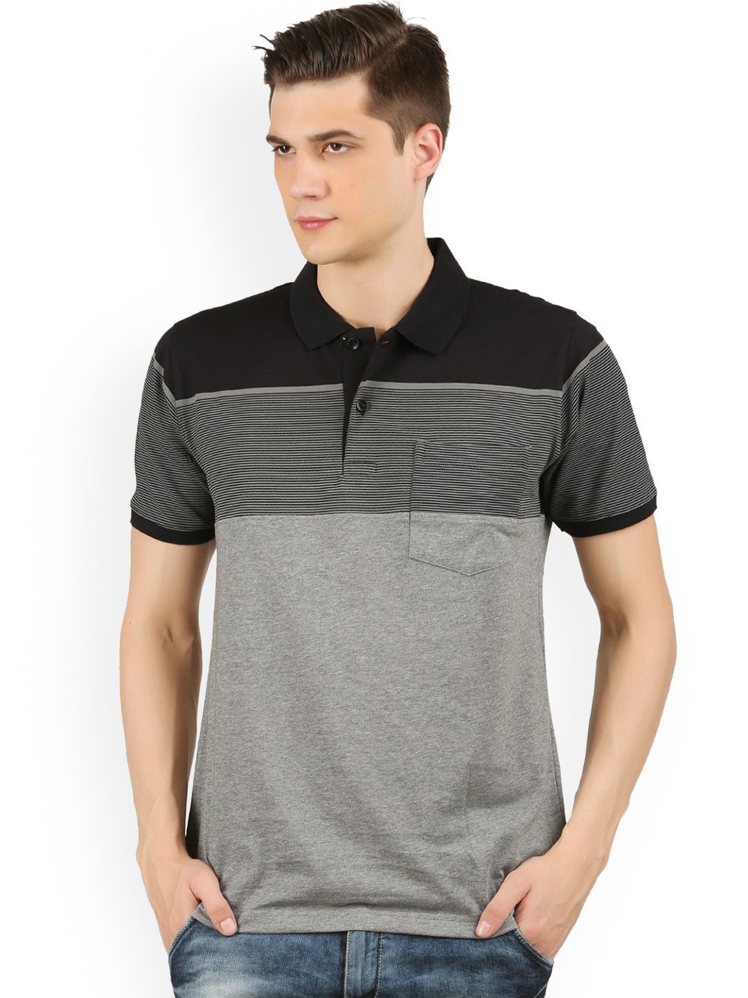 

WEXFORD Men Grey Striped Polo Collar Pure Cotton T-shirt