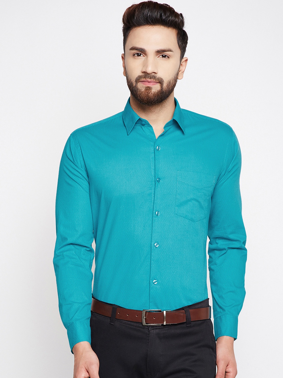 

English Navy Men Turquoise Blue & Black Slim Fit Printed Formal Shirt