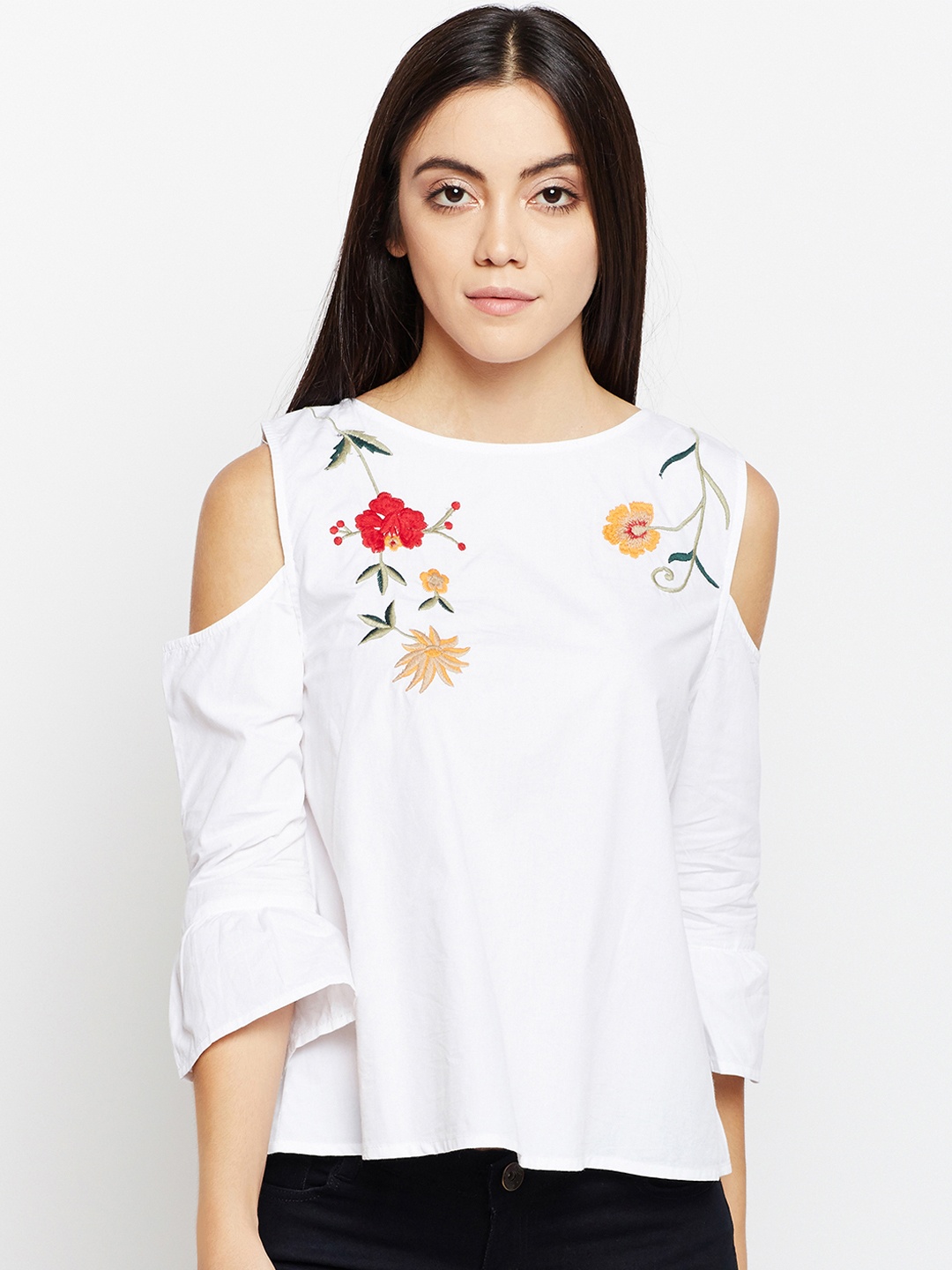 

Oxolloxo Women White Embroidered Styled Back Cold-Shoulder Sleeves Top