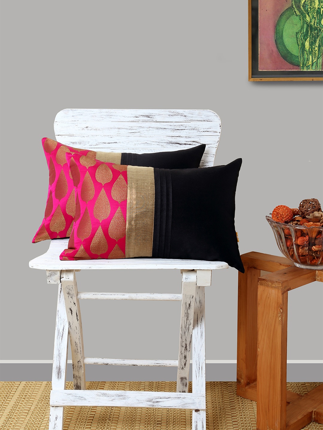 ANS Black Set of 2 Ethnic Motifs Rectangle Cushion Covers