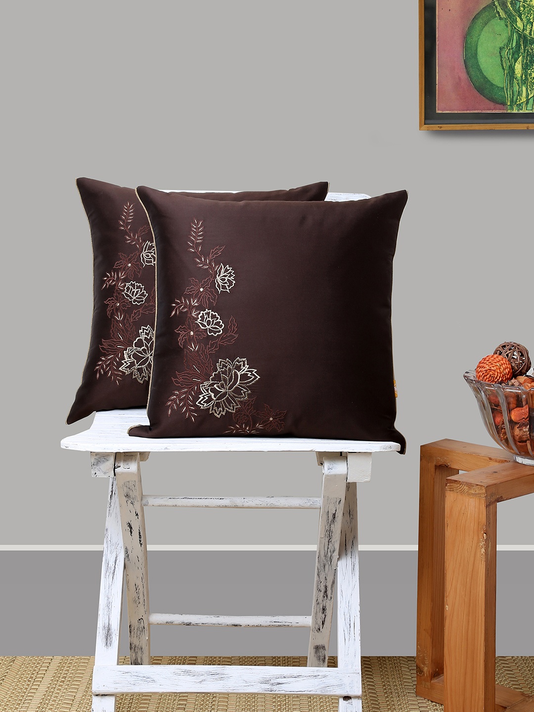 

ANS Brown Set of 2 Embroidered Square Cushion Covers