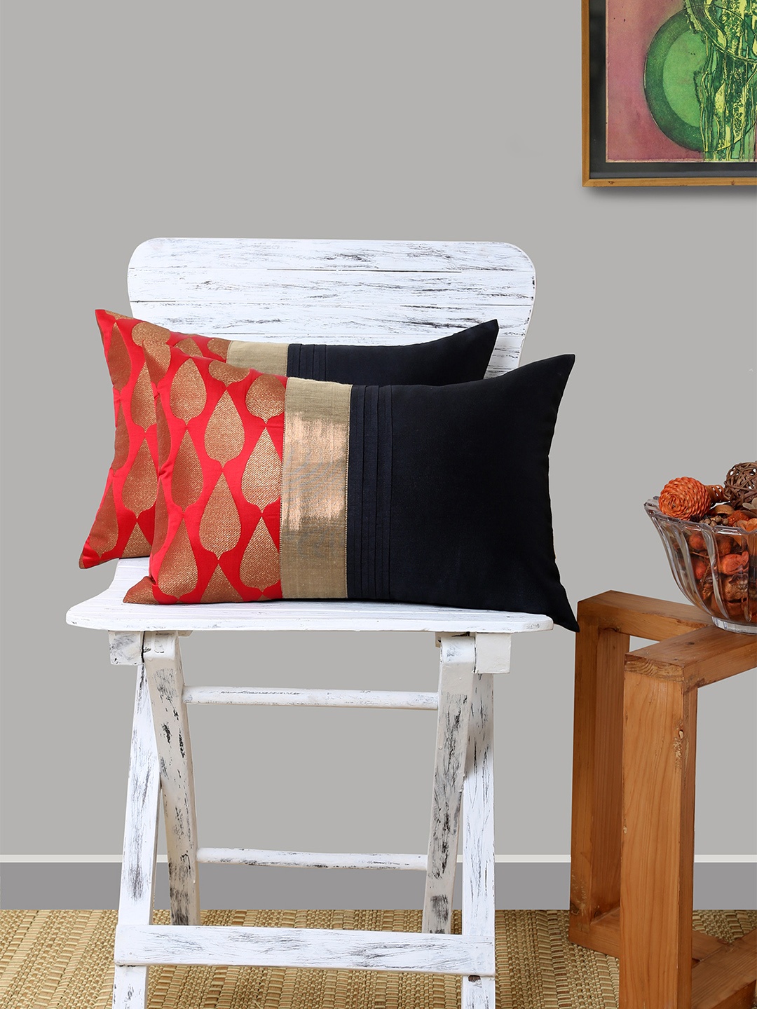 ANS Black Set of 2 Ethnic Motifs Rectangle Cushion Covers