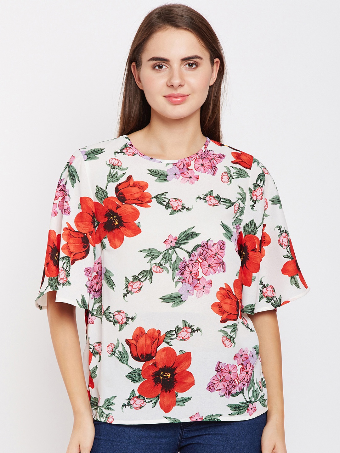 

Oxolloxo Women White & Red Printed Flared Sleeves Top