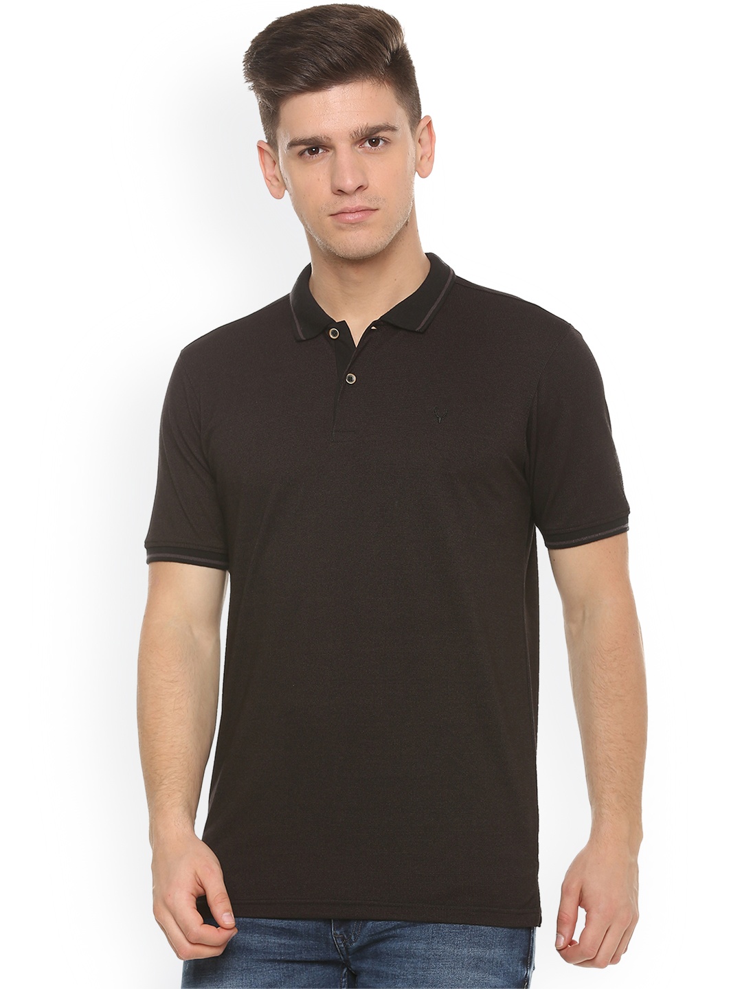 

Allen Solly Men Black Self Design Polo Collar Pure Cotton T-shirt