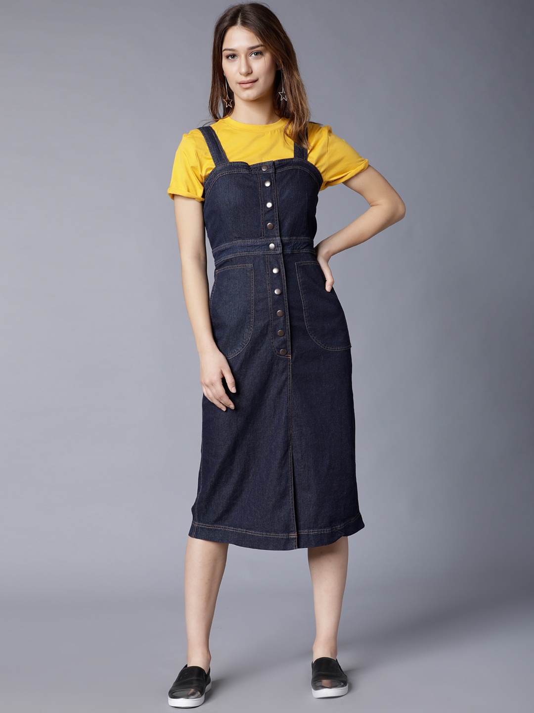 

Tokyo Talkies Women Navy Blue Solid Denim Pinafore Dress