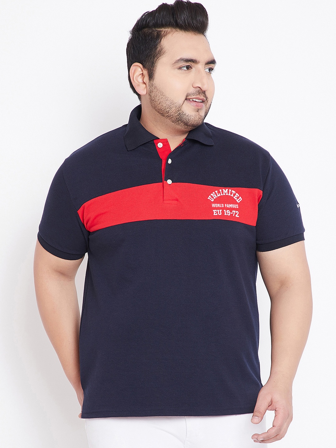 

bigbanana Plus Size Men Navy Blue Colourblocked Polo Collar Pure Cotton T-shirt