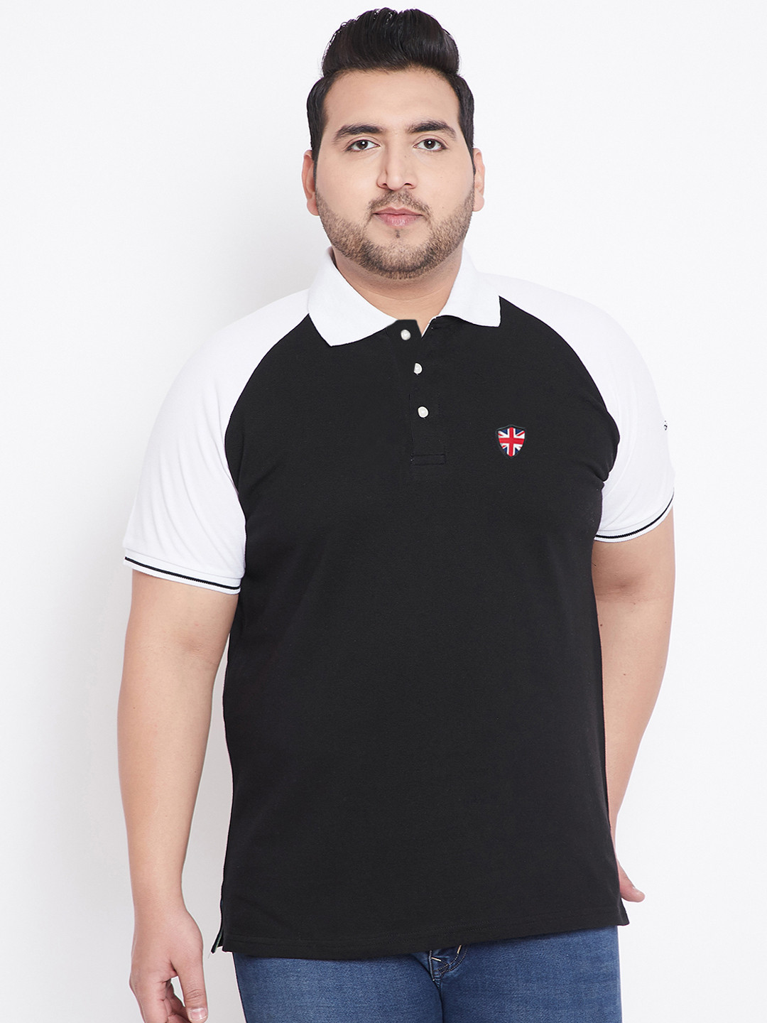 

bigbanana Plus Size Men Black Colourblocked Polo Collar Pure Cotton T-shirt