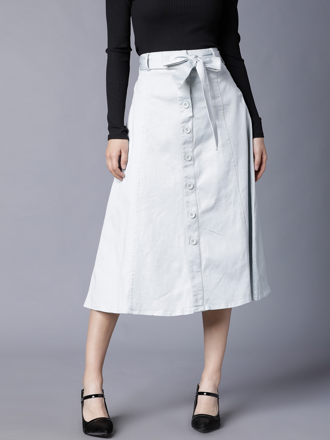 

Tokyo Talkies Women Blue Solid A-Line Midi Pure Cotton Skirt