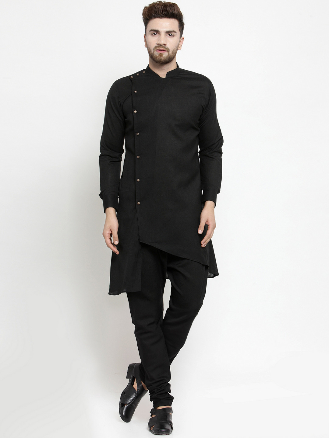 

TREEMODA Men Black Solid Linen Kurta with Churidar