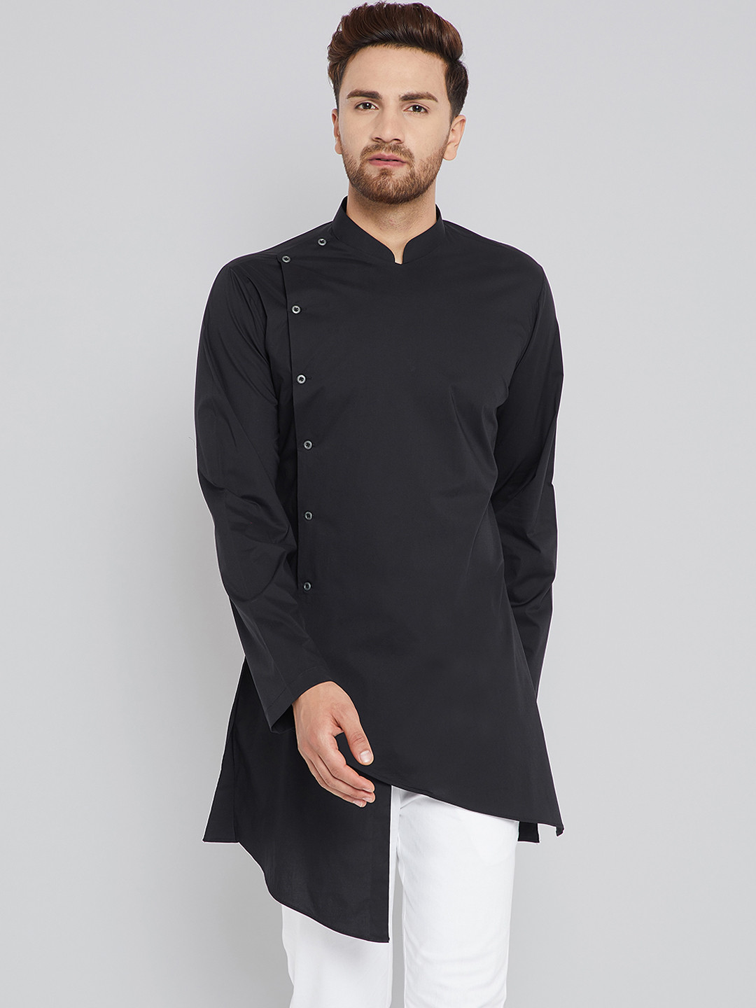 

See Designs Men Black Solid Kurta & White Solid Pyjama