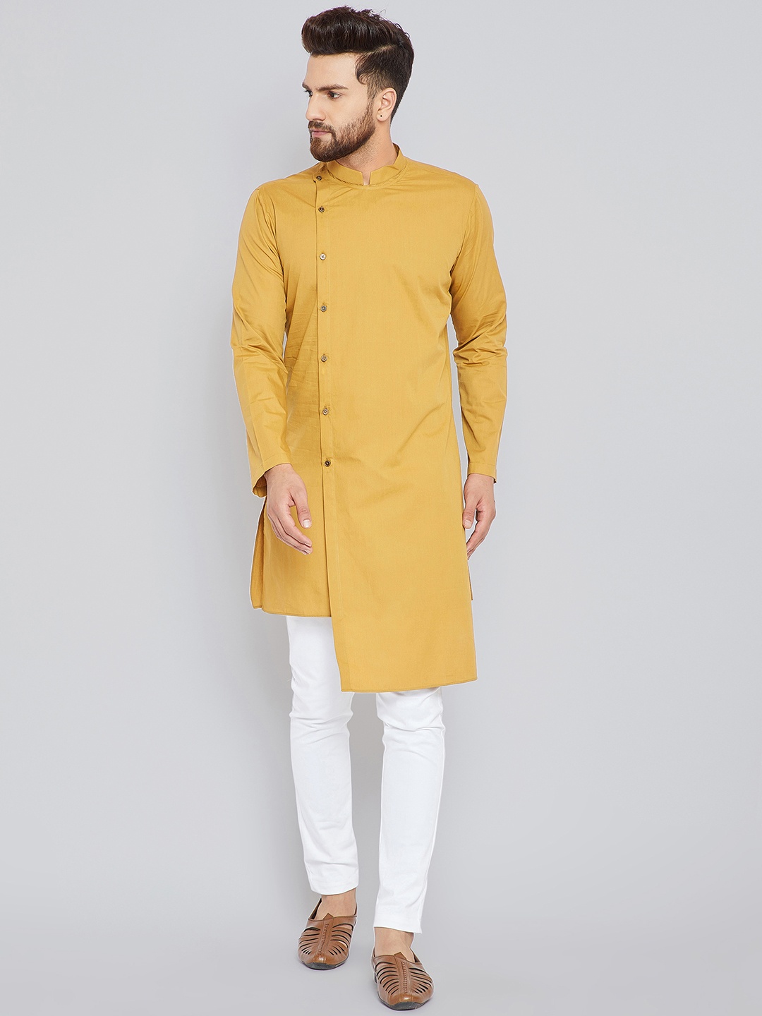 

See Designs Men Mustard Yellow Solid Kurta & White Solid Pyjama
