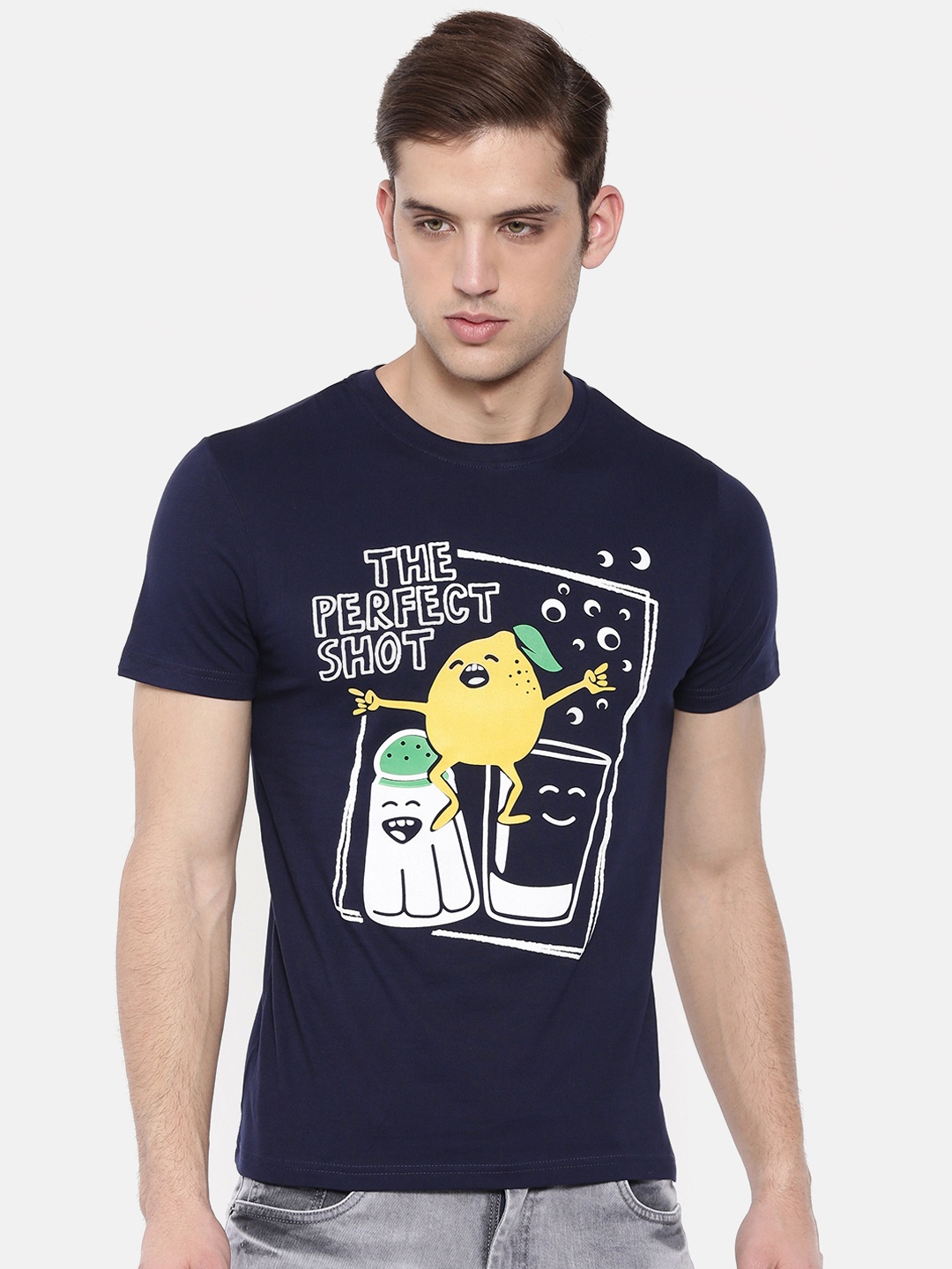 

Bushirt Men Navy Blue Printed Round Neck Pure Cotton T-shirt