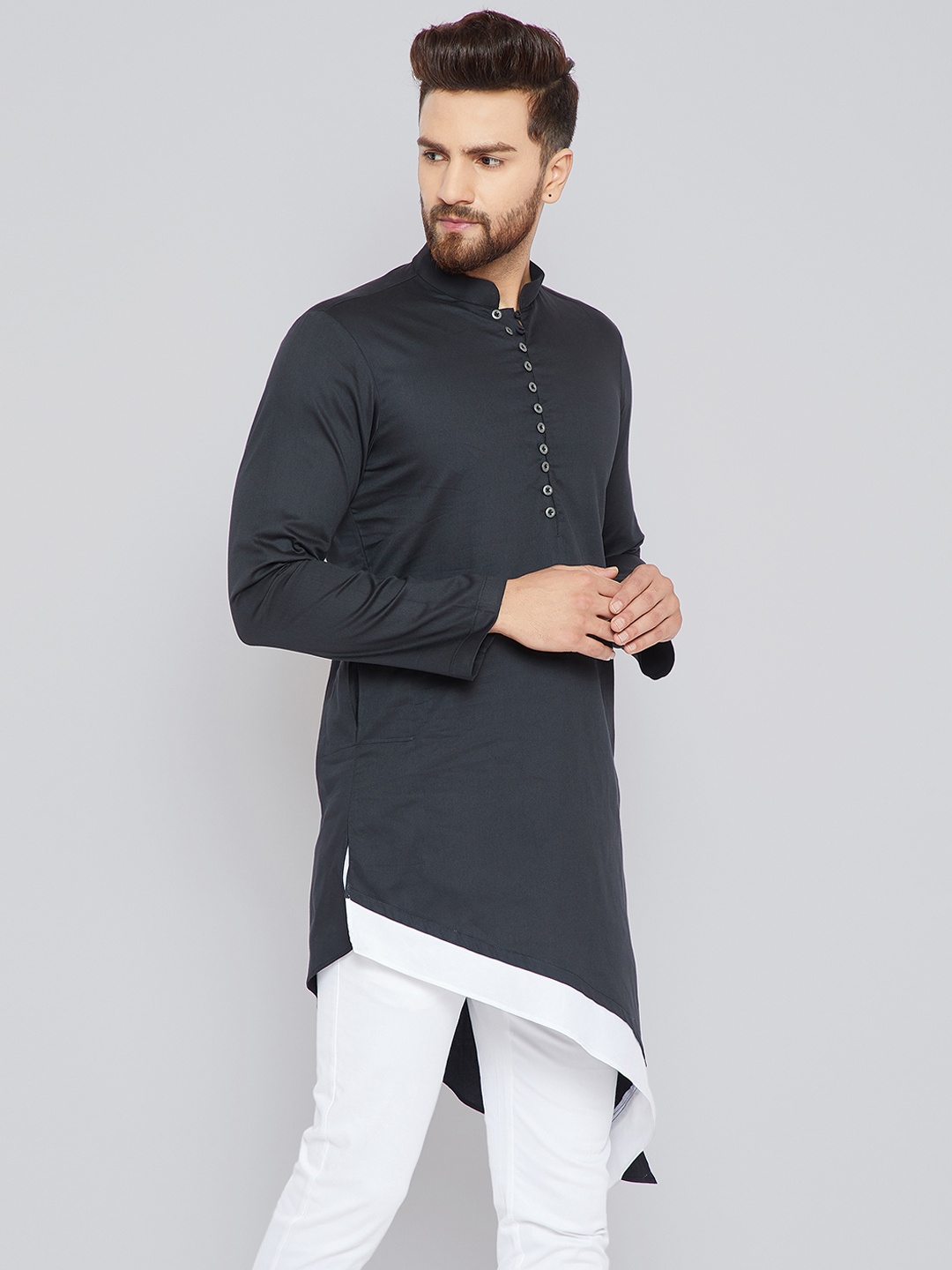 

See Designs Men Black Solid Kurta & White Solid Pyjama