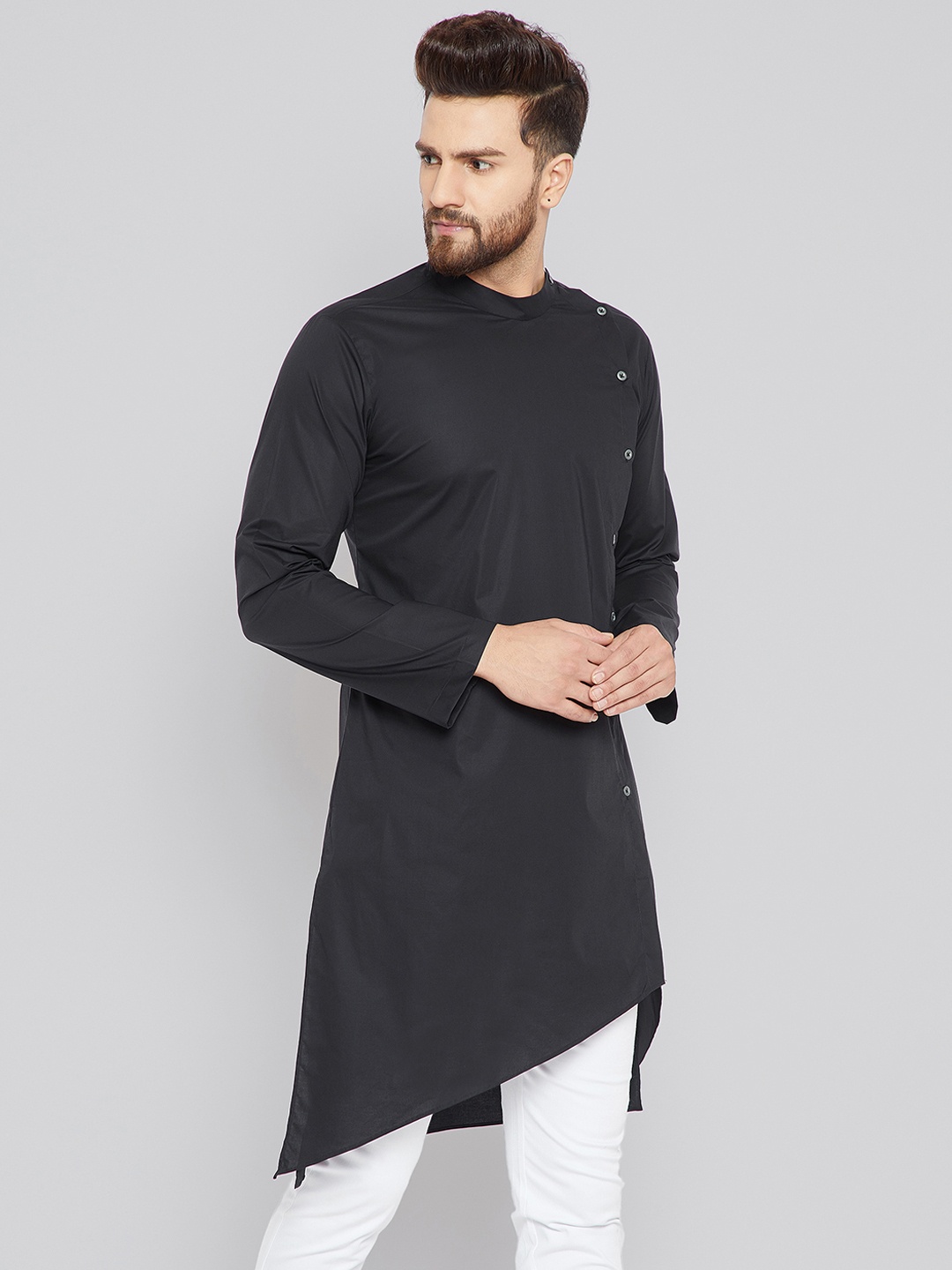 

See Designs Men Black Solid Kurta & White Solid Pyjama