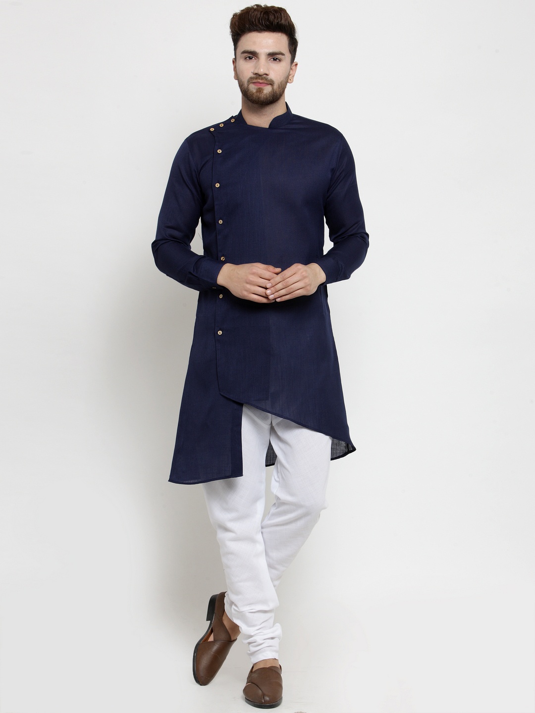 

TREEMODA Men Navy Blue & White Solid Linen Kurta with Pyjamas