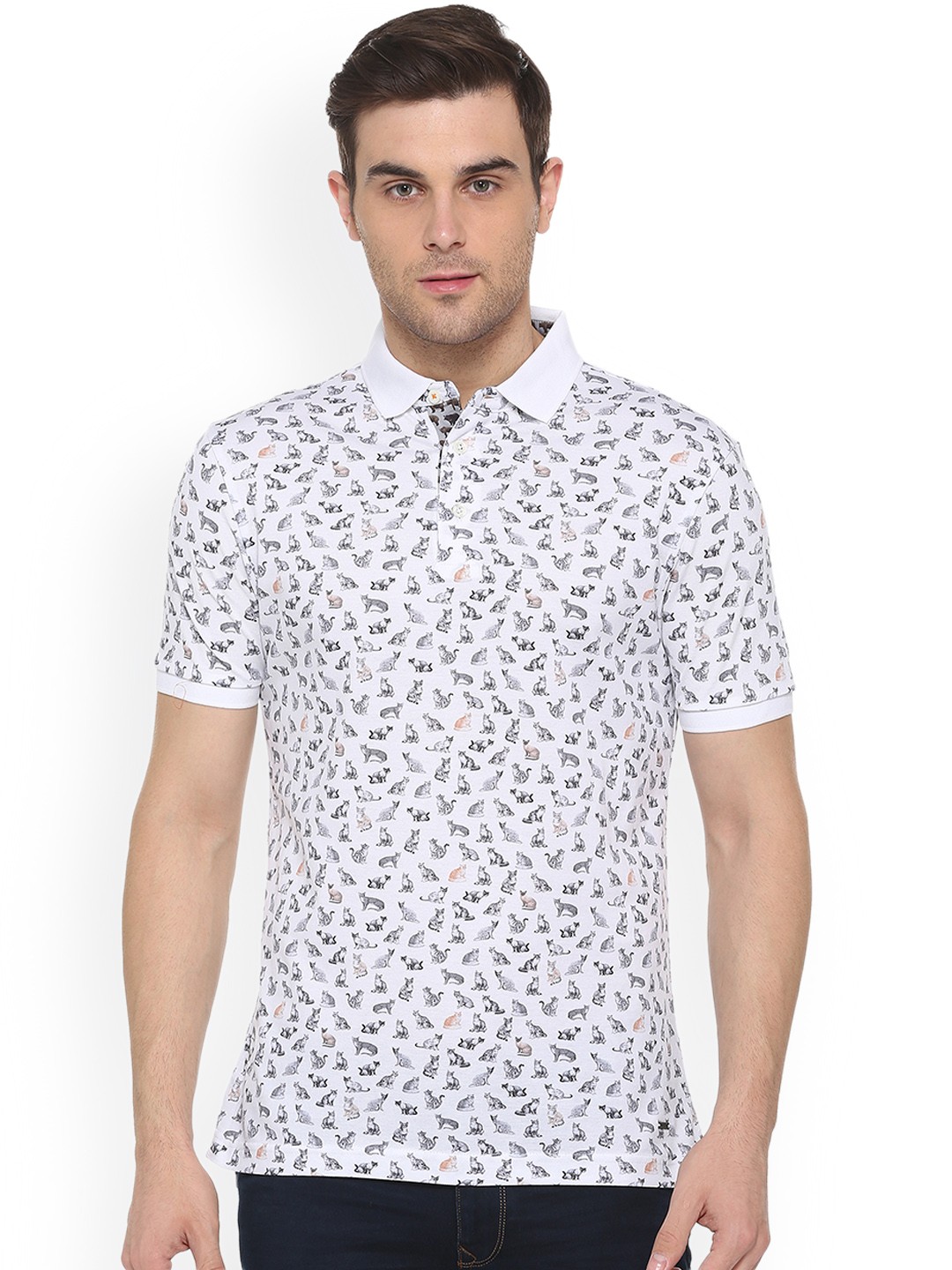 

SIMON CARTER LONDON Men White Printed Polo Collar Pure Cotton T-shirt