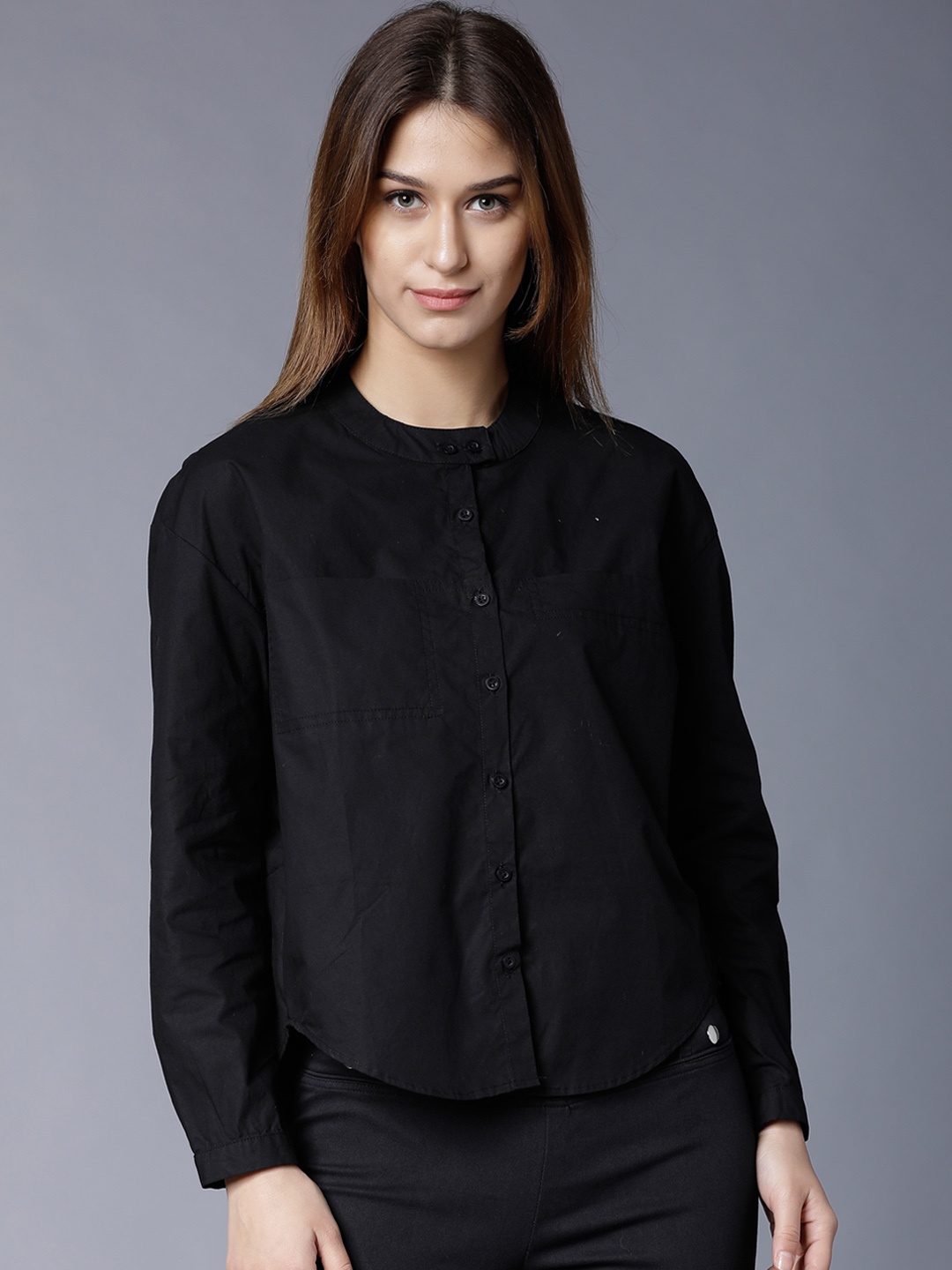 

Tokyo Talkies Women Black Solid Shirt Style Top
