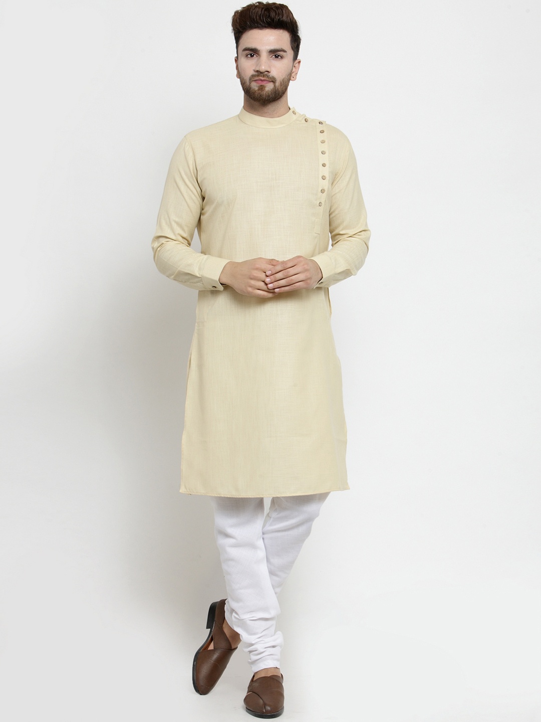 

TREEMODA Men Beige & White Solid Linen Kurta with Churidar