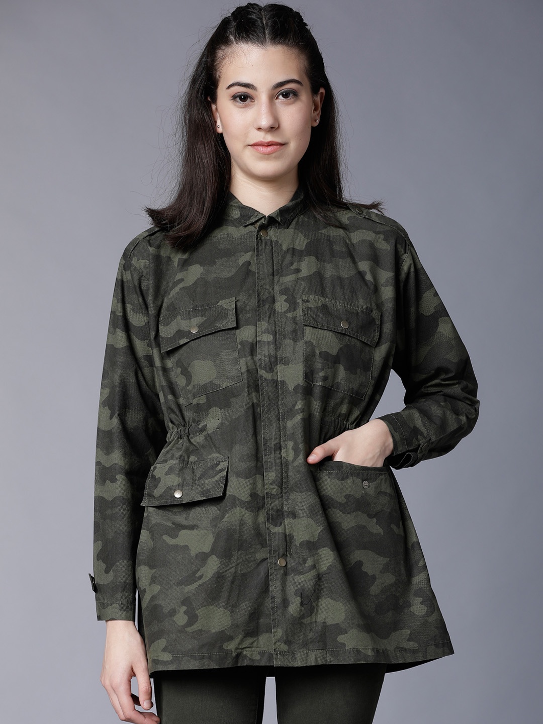 

Tokyo Talkies Women Olive Green Printed Tailored Jacket
