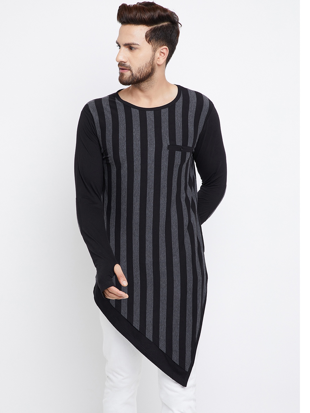 

Hypernation Men Black Striped Round Neck Longline T-shirt