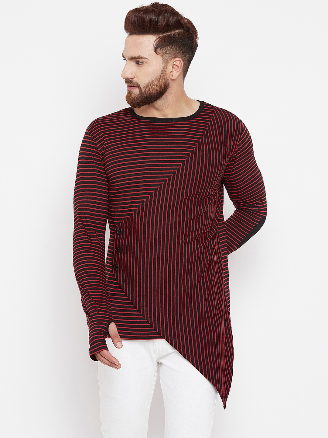 

Hypernation Men Red & Black Striped Round Neck T-shirt