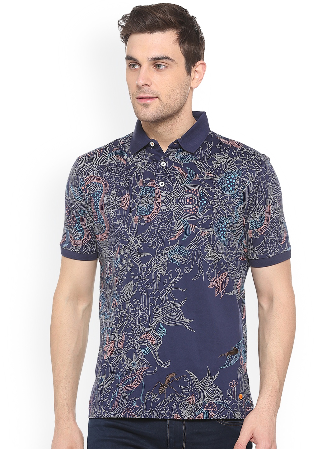 

SIMON CARTER LONDON Men Blue Printed Polo Collar Pure Cotton T-shirt