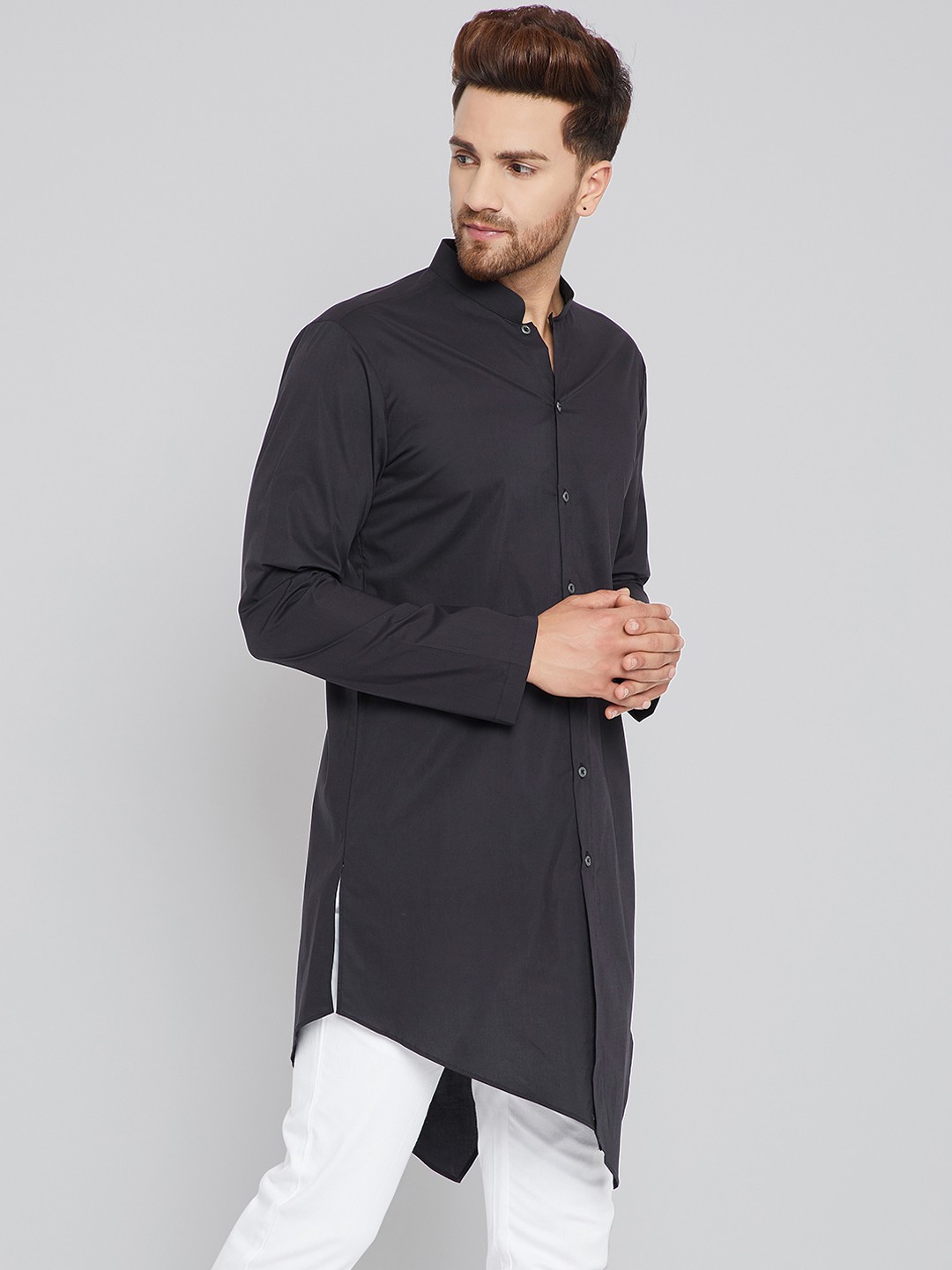 

See Designs Men Black Solid Kurta & White Solid Pyjama