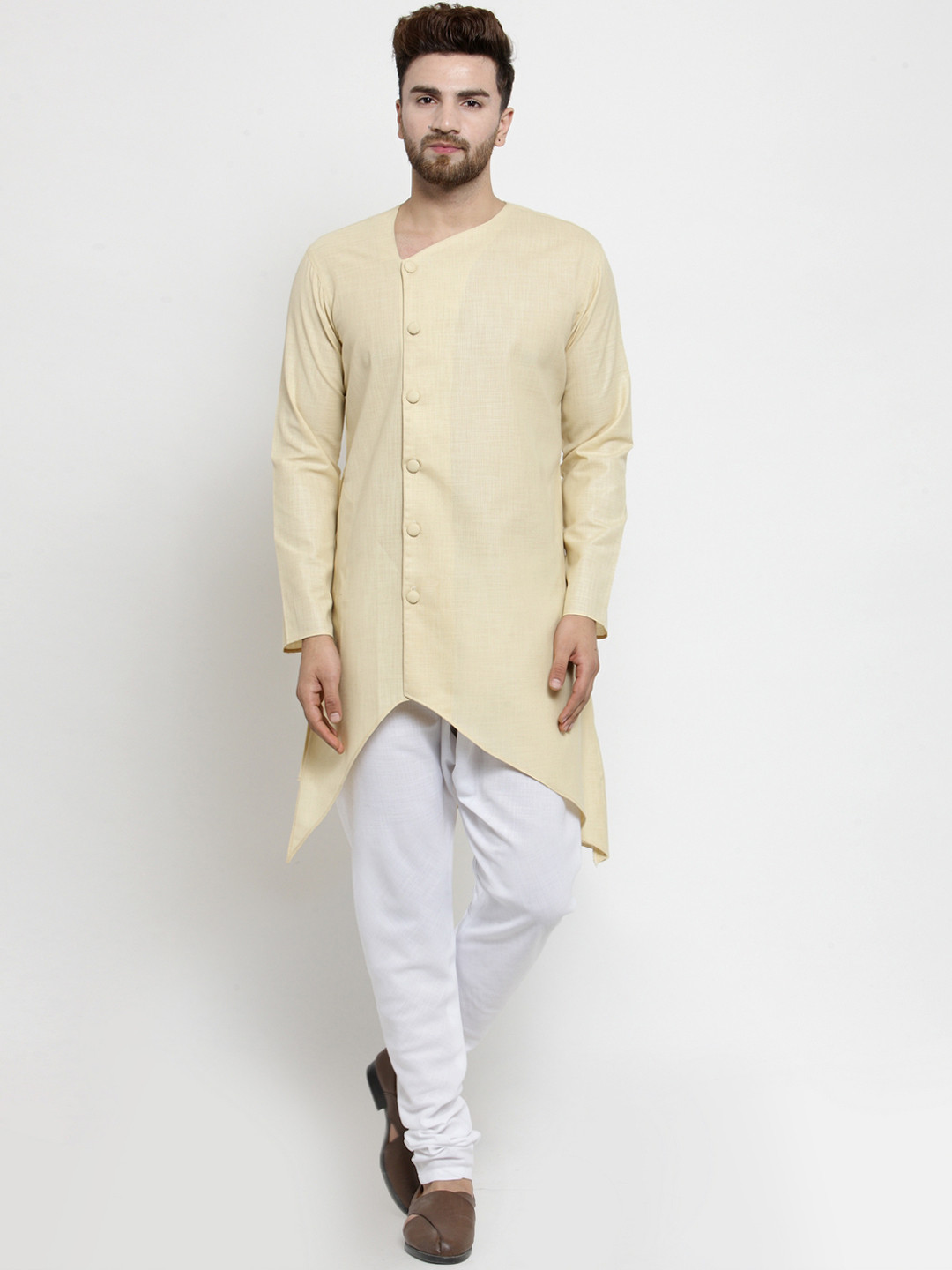 

TREEMODA Men Beige & White Solid Linen Kurta with Churidar