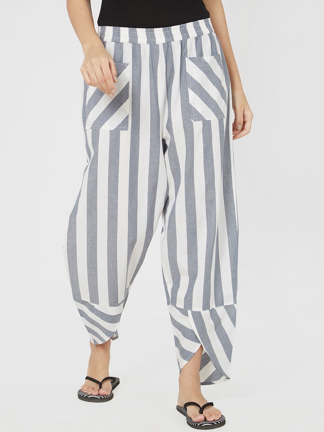 

Mystere Paris Women Grey & White Striped Lounge Pants G330G