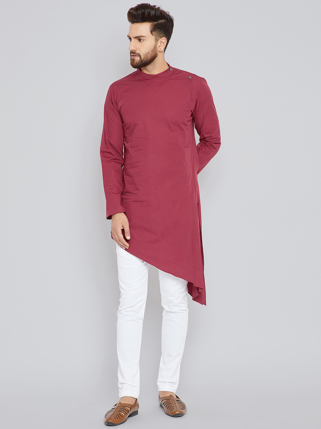 

See Designs Men Burgundy Asymmetric Solid Straight Kurta