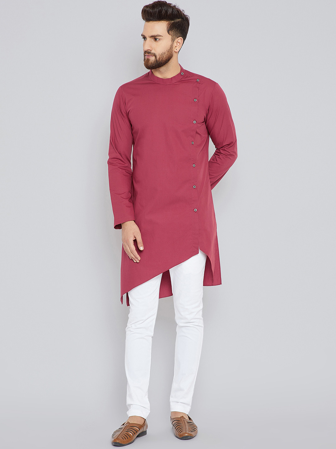 

See Designs Men Burgundy Solid Kurta & White Solid Pyjama