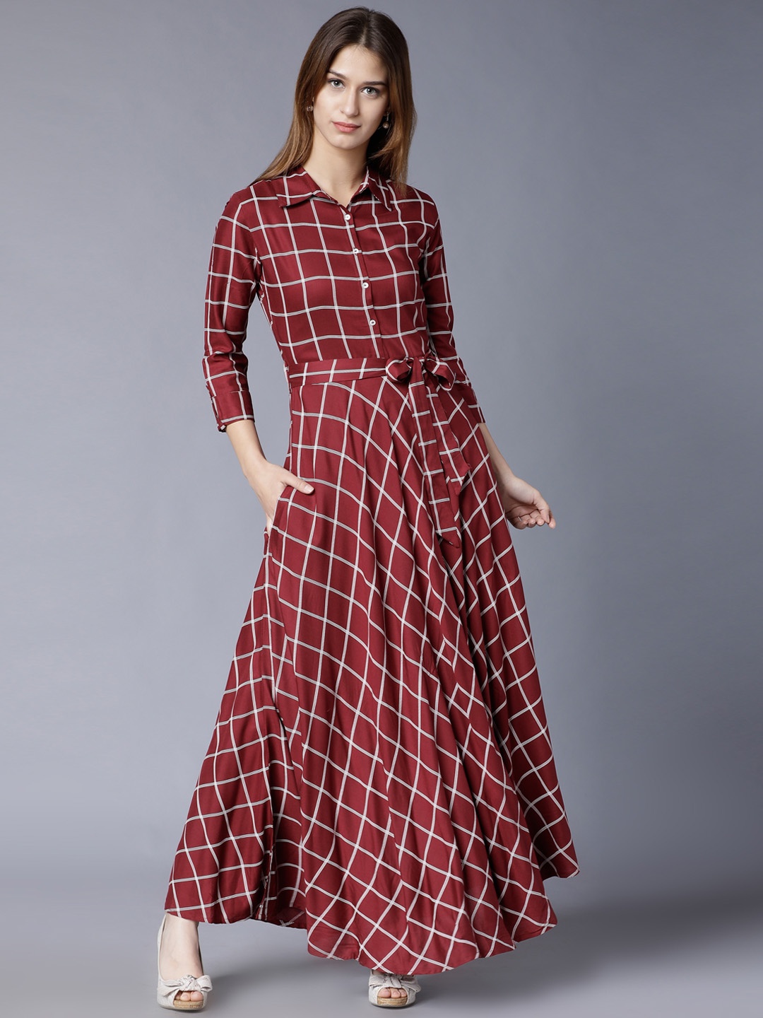 

Vishudh Burgundy Checked Flared Belted Shirt Maxi Dress