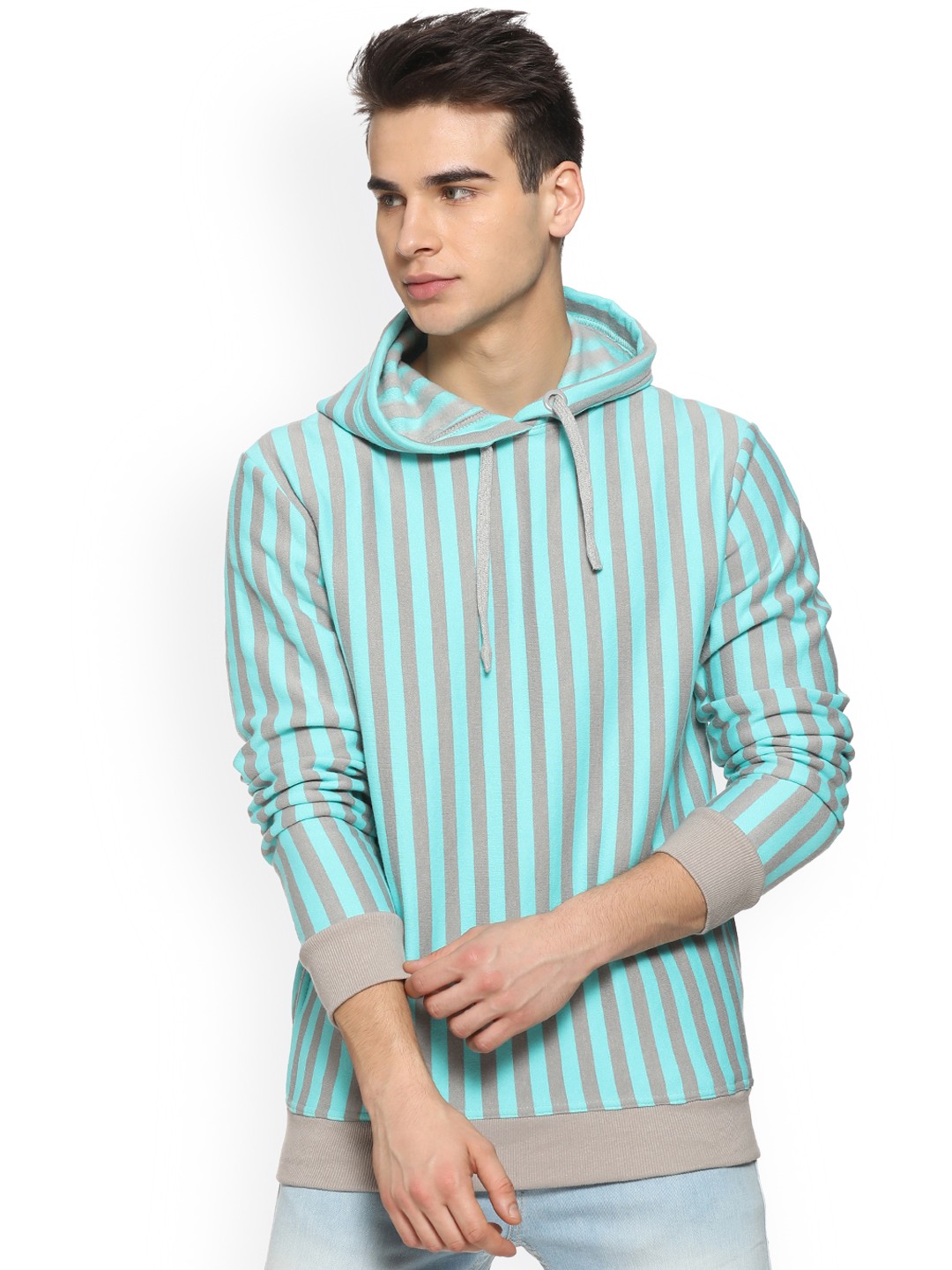 

Campus Sutra Men Grey & Green Striped Hooded Sweatshirt
