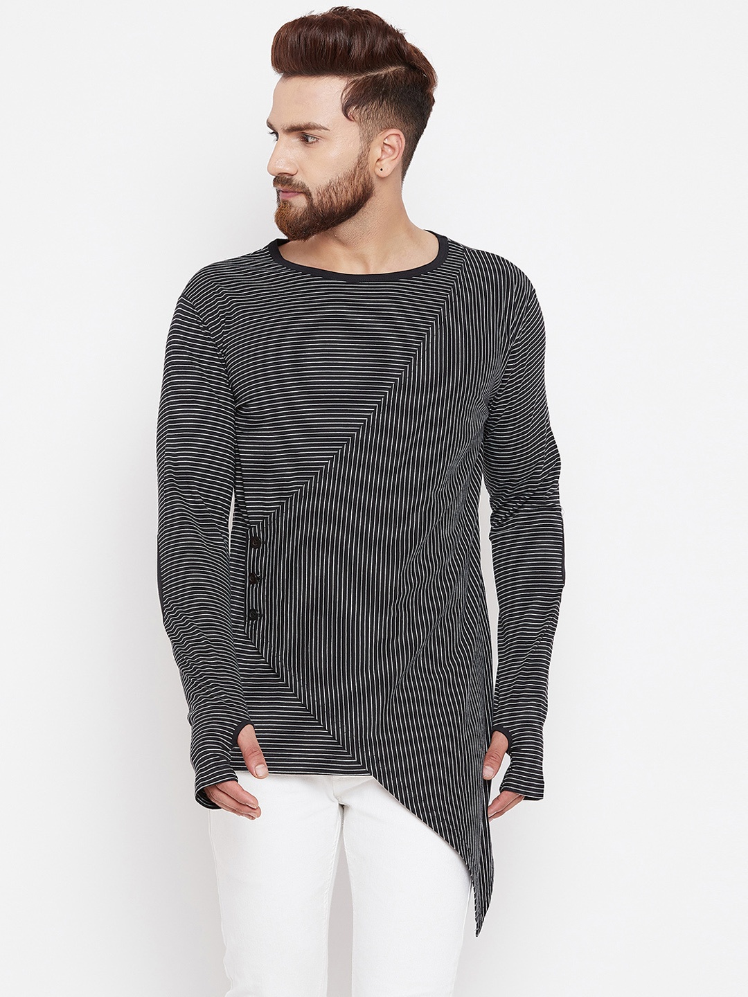 

Hypernation Men Black & White Striped Round Neck T-shirt