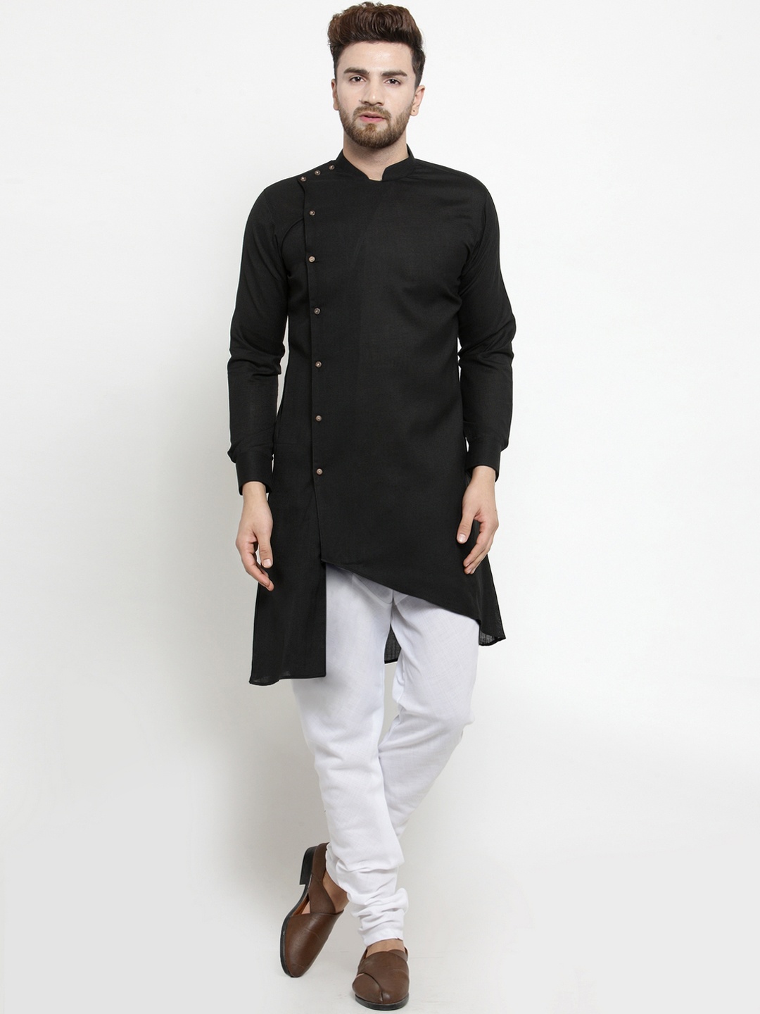 

TREEMODA Men Black & White Solid Linen Kurta with Churidar