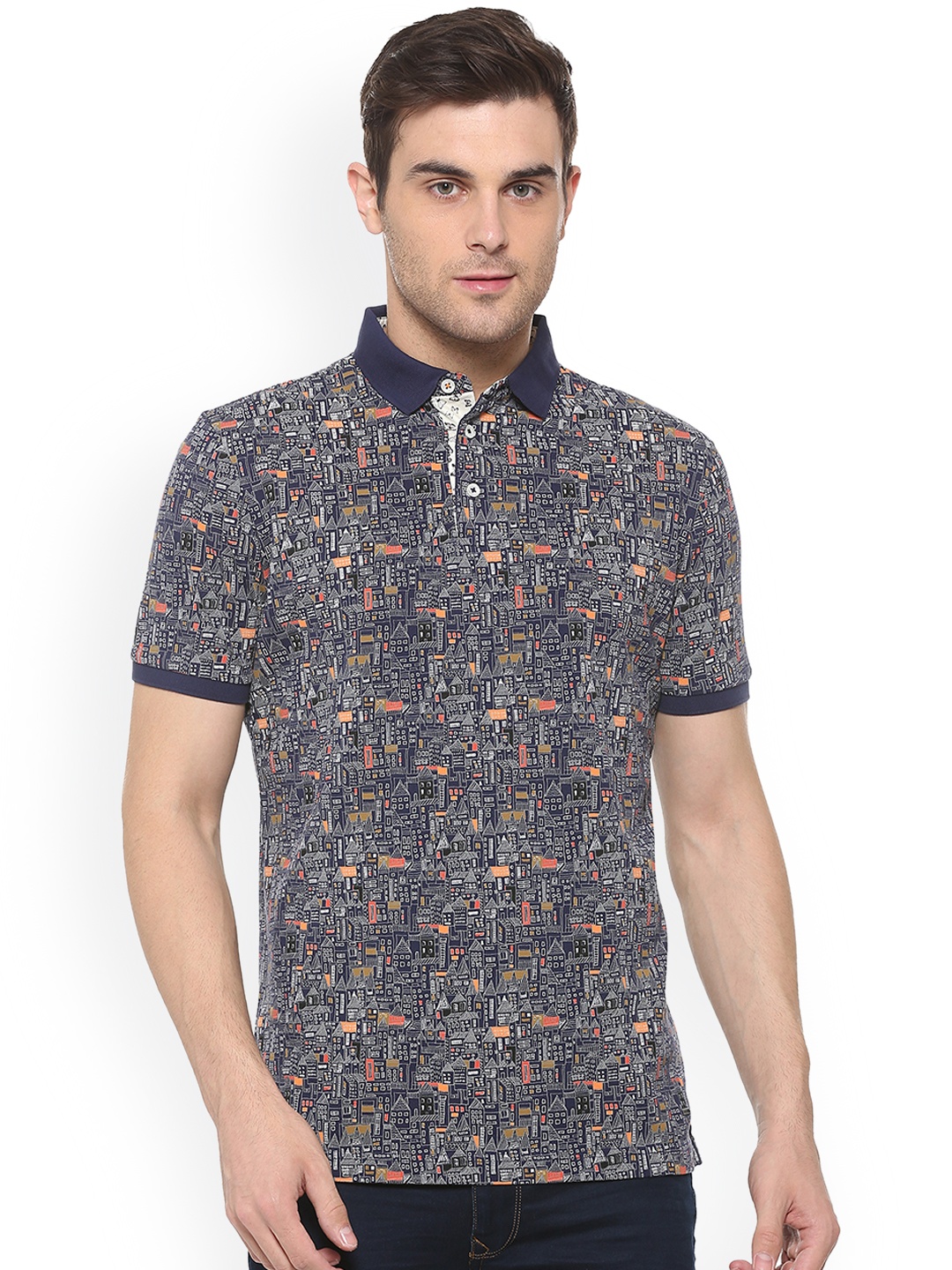 

SIMON CARTER LONDON Men Navy Blue Printed Polo Collar Pure Cotton T-shirt