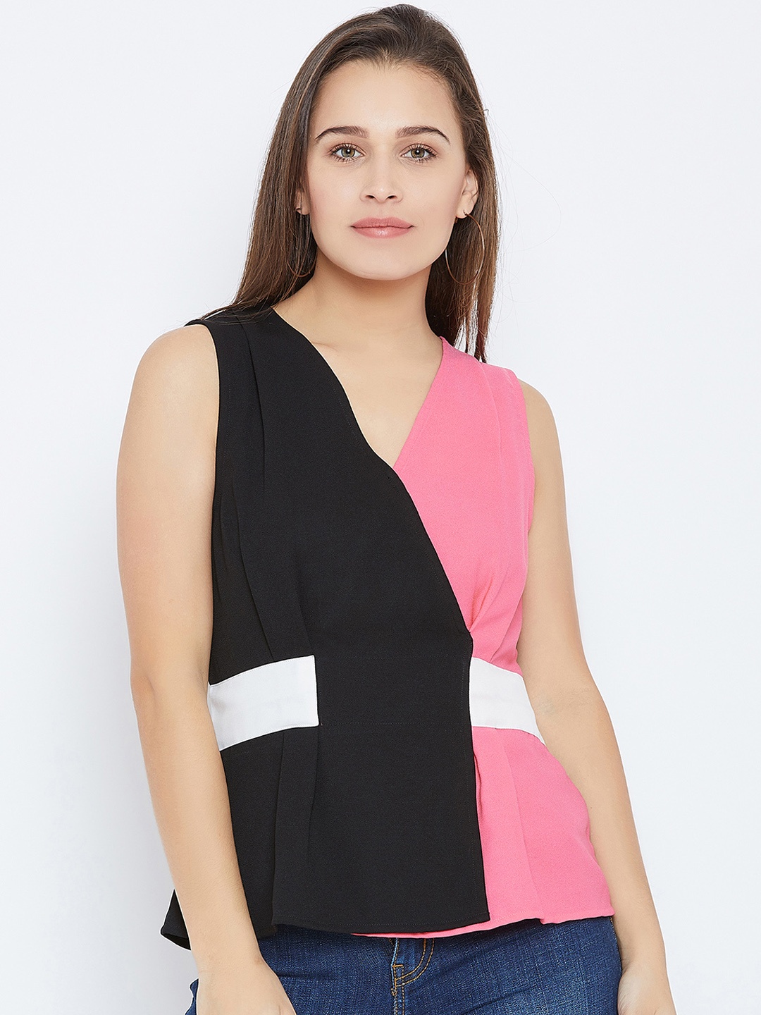 

Imfashini Women Black & Pink Colourblocked Wrap Top