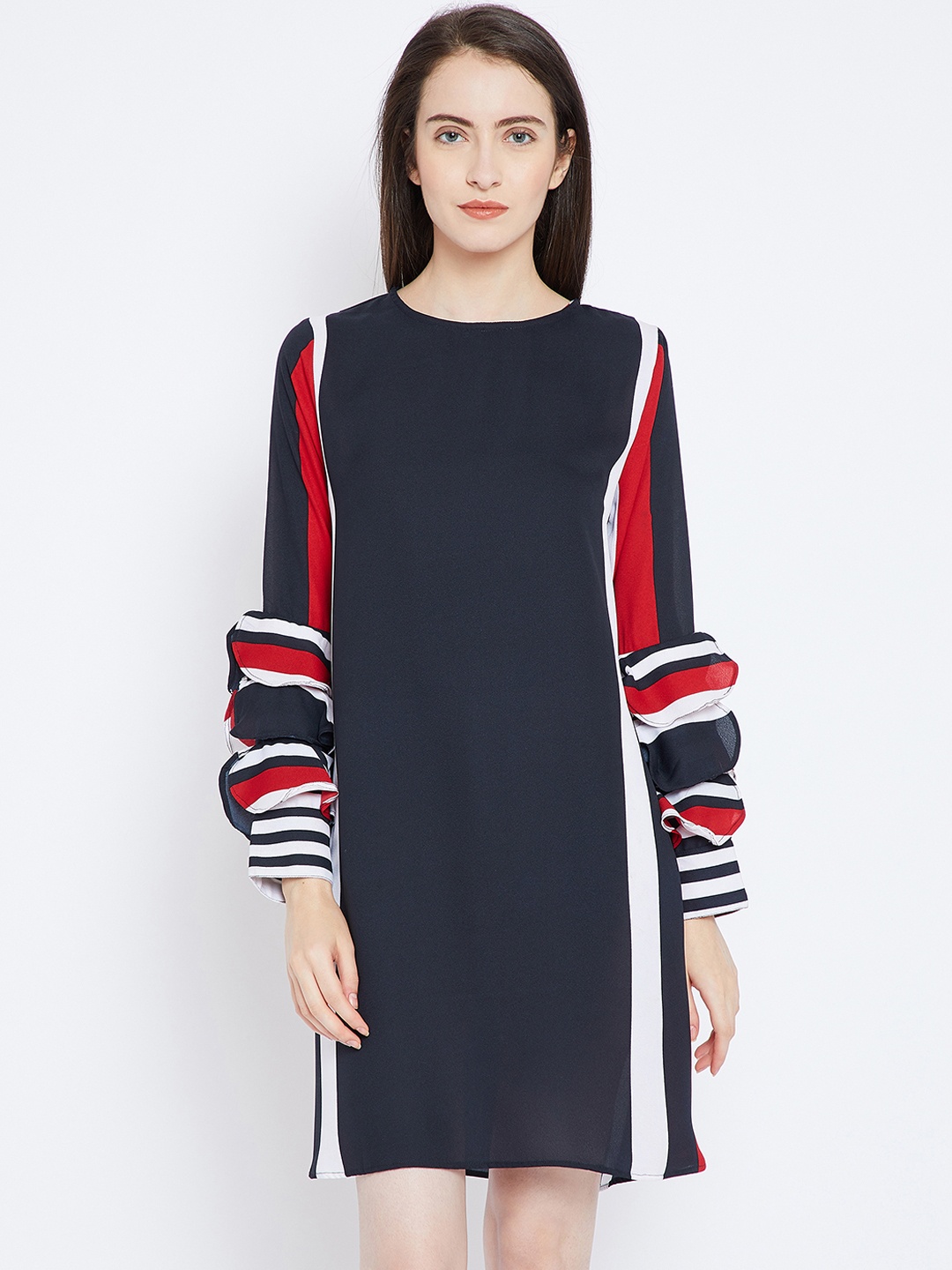 

Imfashini Women Navy Blue Striped A-Line Dress