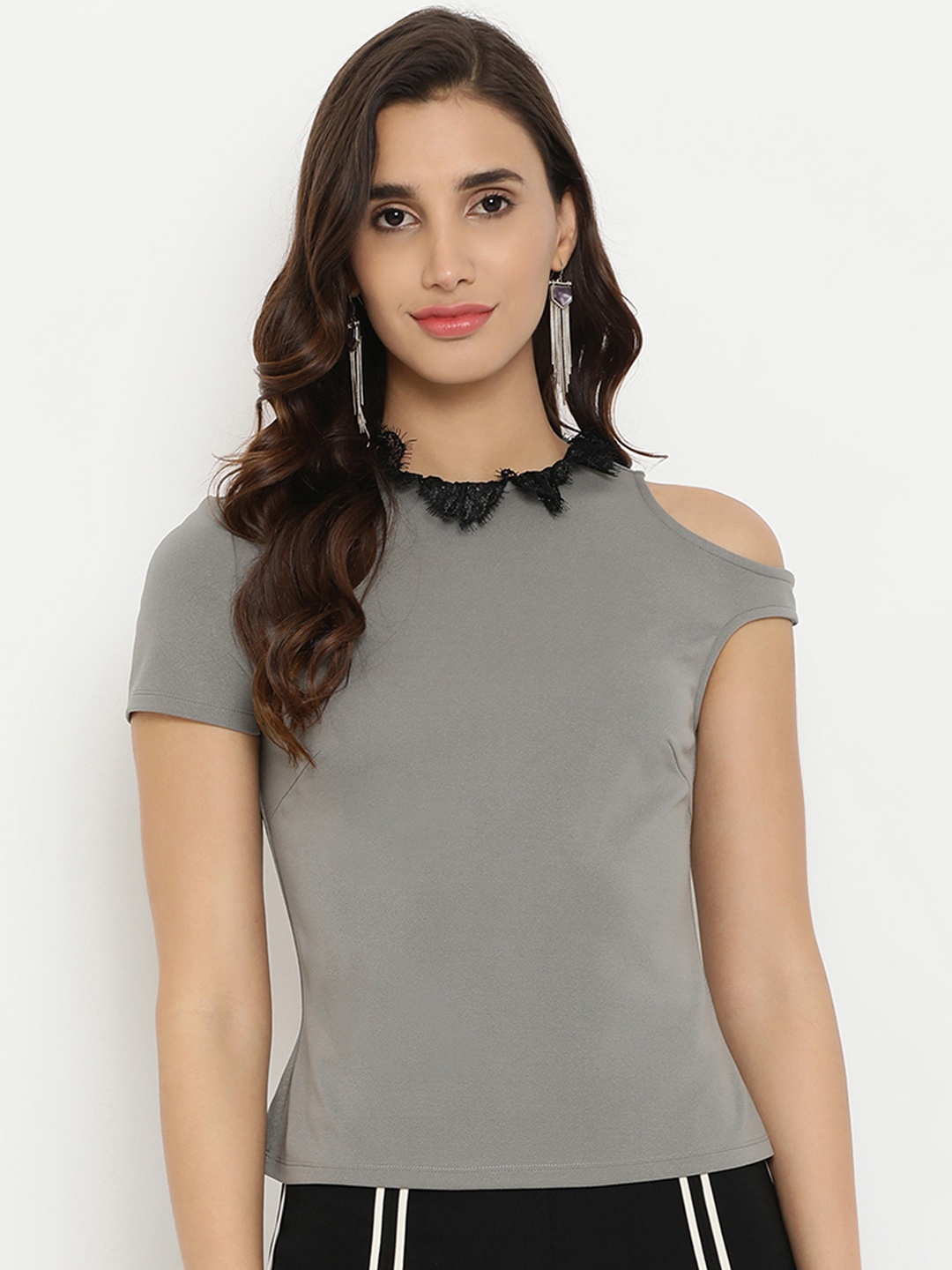 

Kazo Women Grey Solid Lace Insert One Cold-Shoulder Sleeves Top