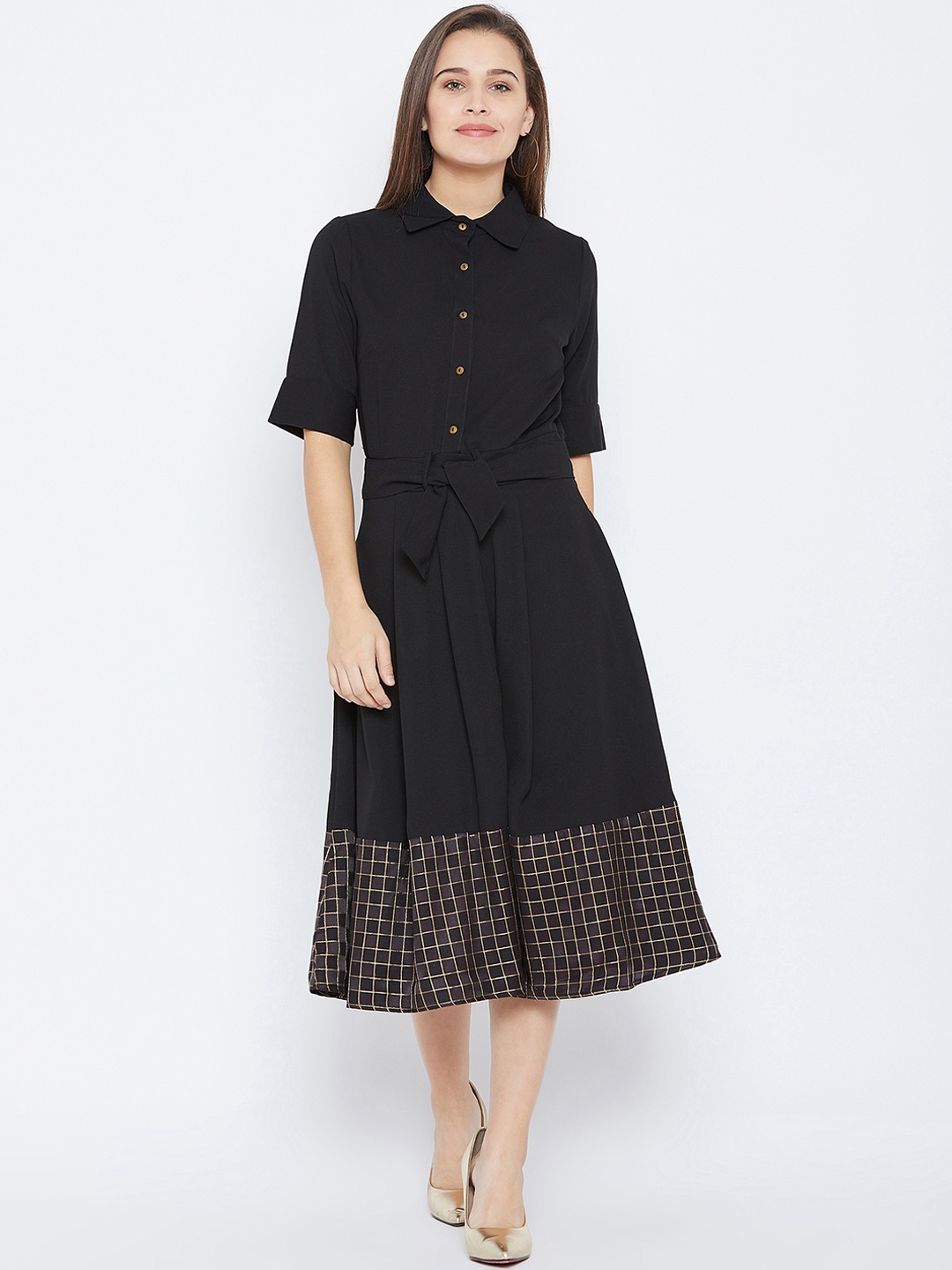 

Imfashini Women Black Checked Shirt Dress